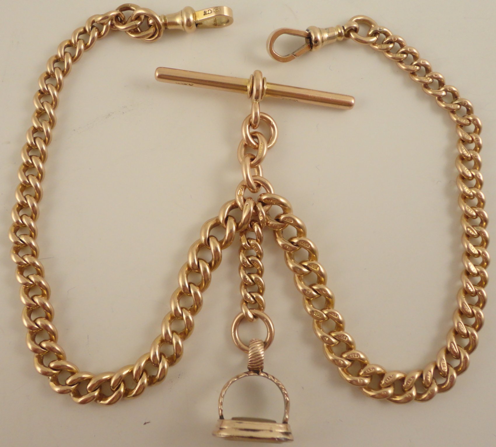 Antique 9ct Rose gold double albert watch guard chain With fob 40.2 gms ...
