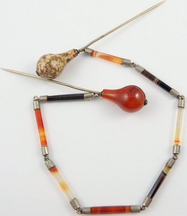Scottish antique silver and polished banded agate chain cloak clasps