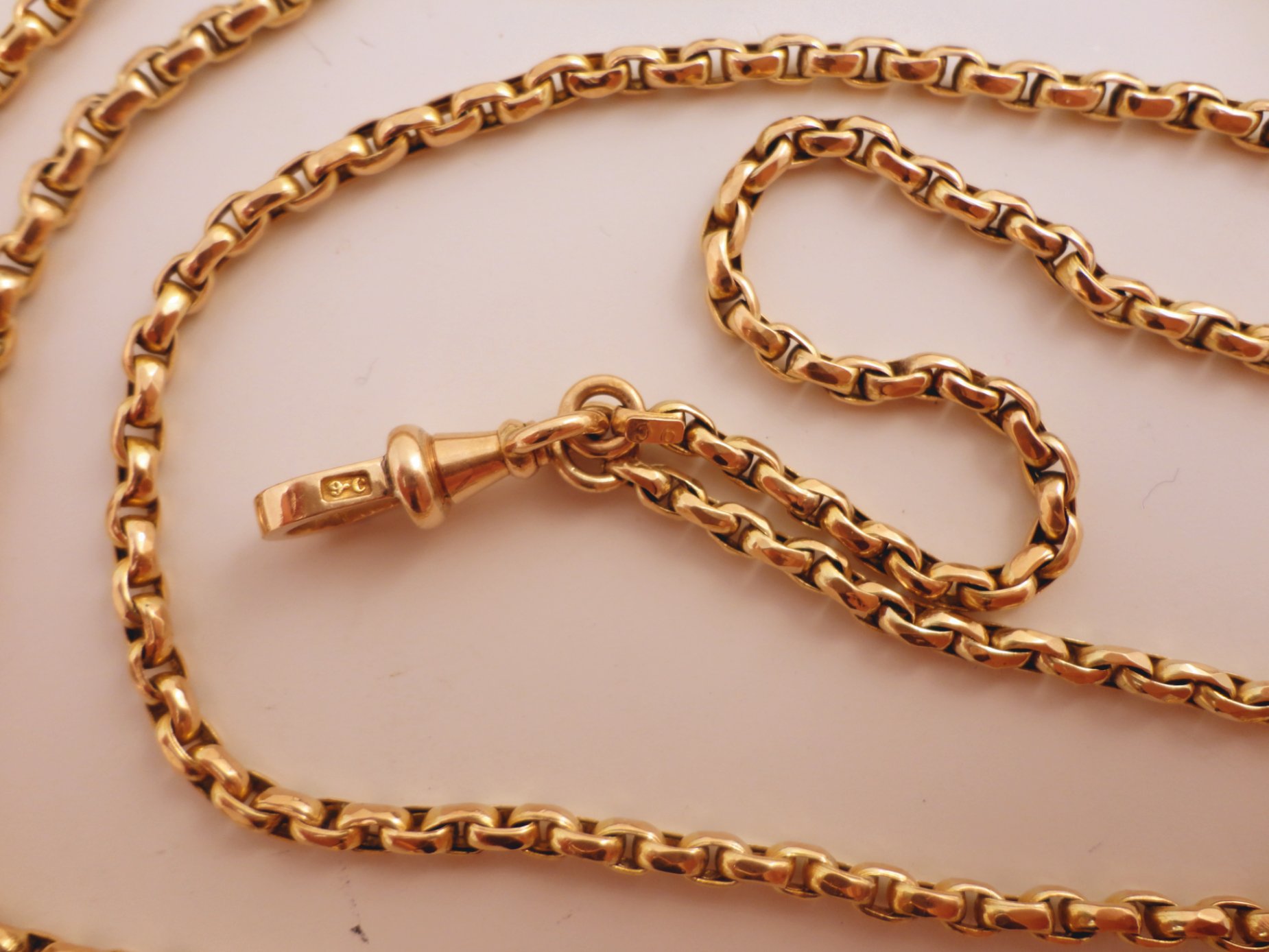 Antique 9ct rose gold 60 inch guard, ladies fob watch chain. 32.5 grams ...