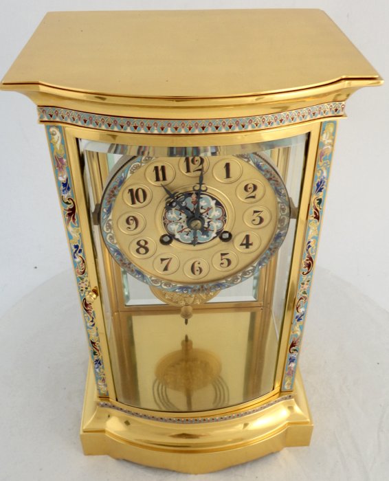 Antique French champleve enamel 4 glass mantel clock Ian Burton